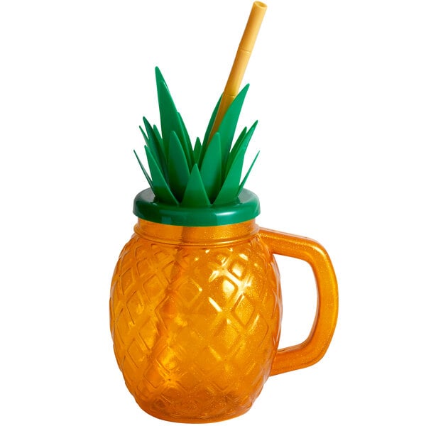 A 24 oz. plastic pineapple cup with a lid and straw.