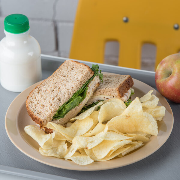 A Carlisle tan polycarbonate plate with a sandwich and chips.
