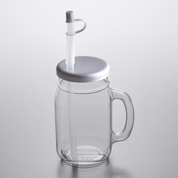 28 oz. Clear Plastic Drinking Jar with Lid and Straw 60/Case