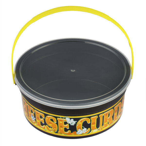 A black plastic cheese curd bucket with yellow handles and yellow text.