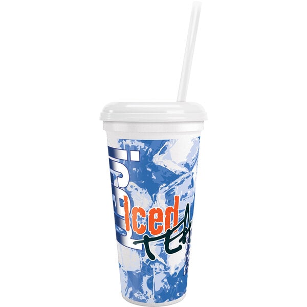 A 32 oz. plastic souvenir cup with an iced tea design and straw.