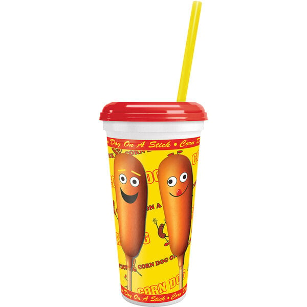 A 32 oz. plastic souvenir cup with a corn dog design and a straw.