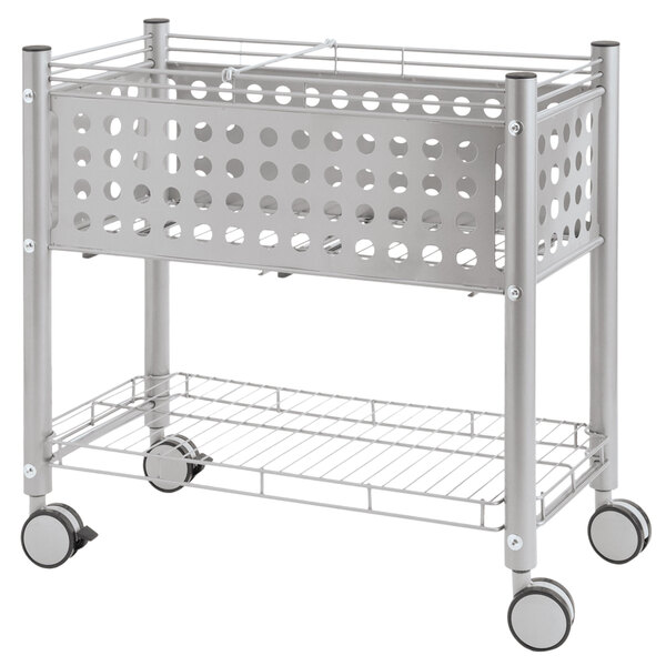 A silver metal Vertiflex Smartworx open top file cart with wheels.