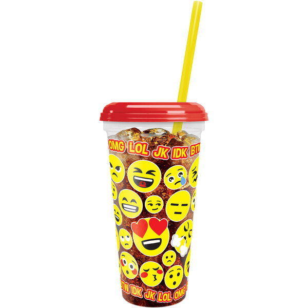 32 oz. Tall Plastic Emoji Design Souvenir Cup with Straw and Lid 200/Case