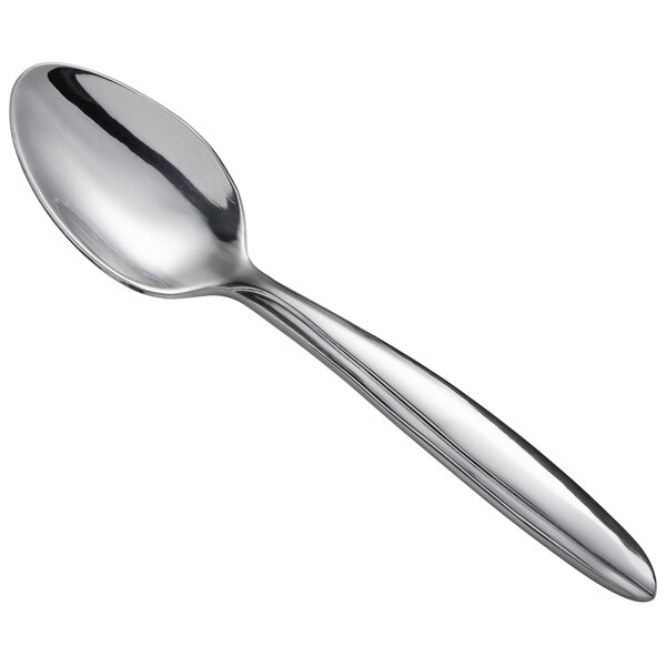 A silver demitasse spoon with a long handle.