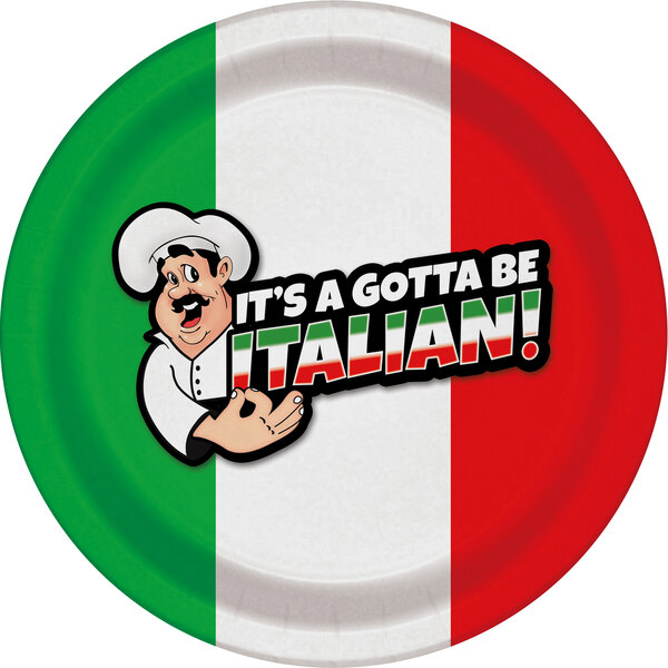 A white paper plate with an Italian chef on it.