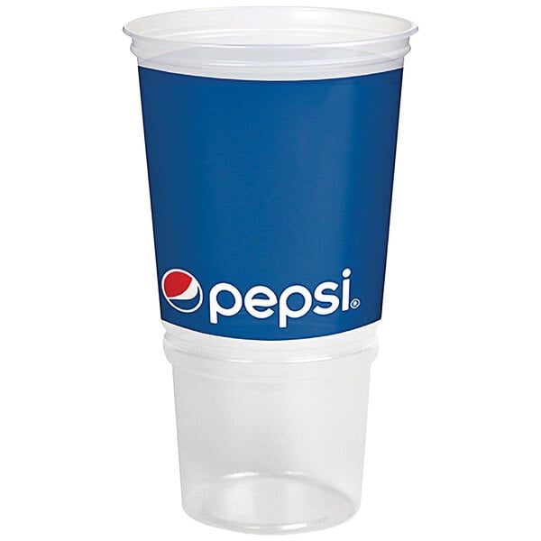 A white plastic economy cup with a blue Pepsi logo and red lid.