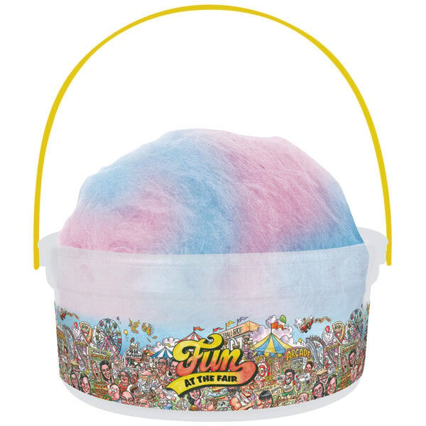 A close-up of a "Fun at the Fair" plastic bucket filled with blue and pink cotton candy.
