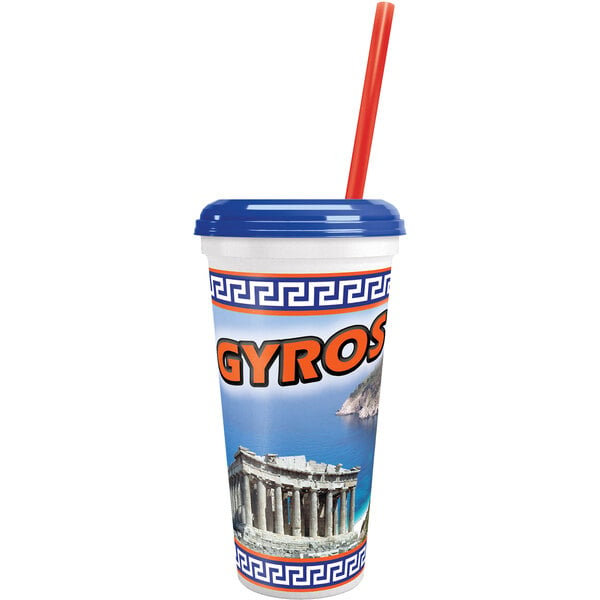 A 32 oz. tall plastic souvenir cup with a gyro design on it and a blue straw.