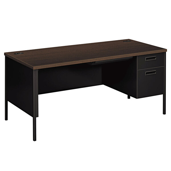 A HON Metro Classic mocha desk with black legs and a right side pedestal with drawers.