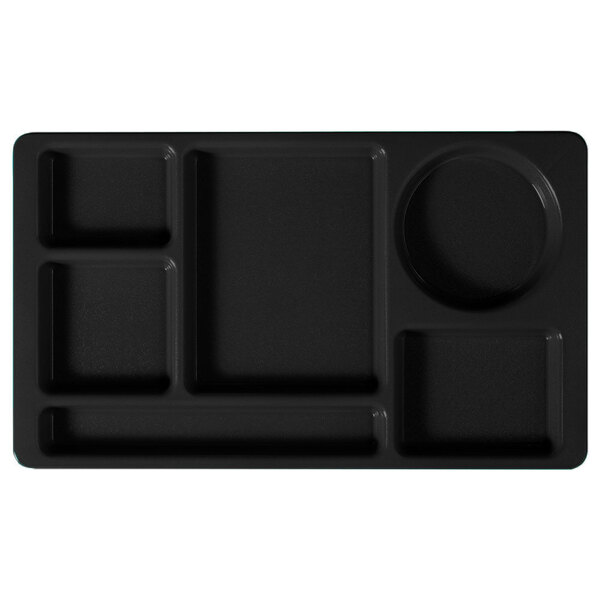 A black rectangular Cambro serving tray with 6 compartments.