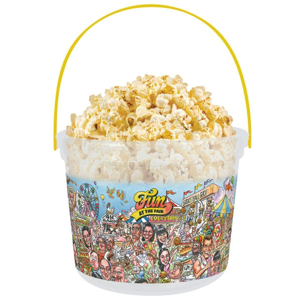 A white plastic concession bucket filled with popcorn and cartoon characters on the outside.
