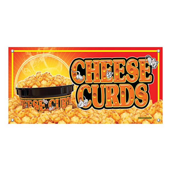 A white rectangular concession stand sign with a cheese curds design.