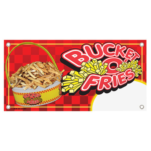A white rectangular concession stand sign with a red and white checkered border and the words "Bucket O' Fries" above a bucket of fries.