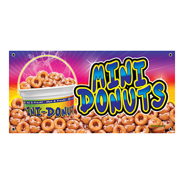 A white rectangular concession stand sign with a banner that says "Hot & Fresh Mini-Donuts" and a picture of mini donuts.