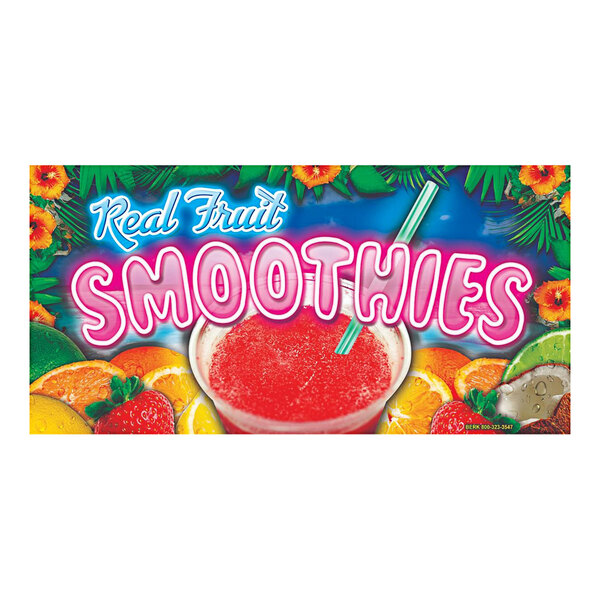 A white rectangular concession stand sign with a smoothie banner and fruit slices.