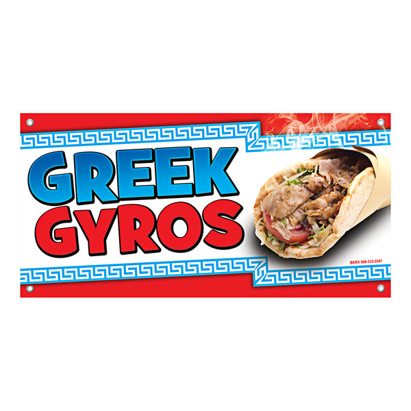 A 12" x 24" rectangular concession stand sign with a red and white background and a gyros design.