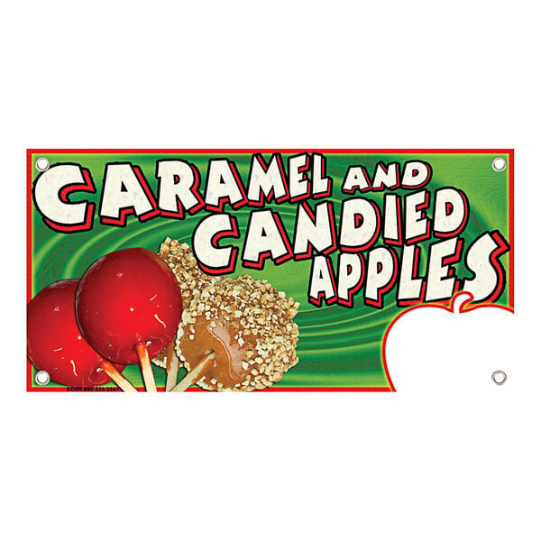 A white rectangular concession stand sign with a caramel and candy apple design in red and brown.