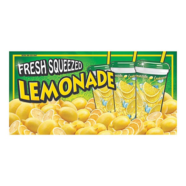 A rectangular concession stand sign with "Fresh Squeezed Lemonade" in white text on a yellow background.