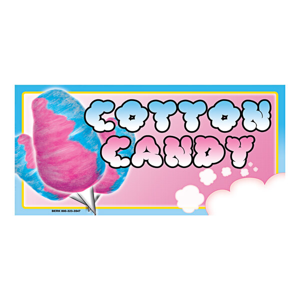A white rectangular concession stand sign with text and a pink and blue cotton candy design.