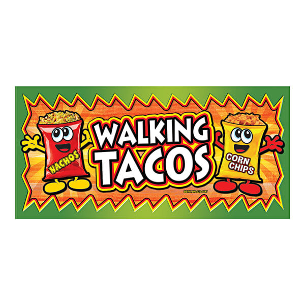 A white rectangular concession stand sign with a Walking Taco design in yellow and brown.