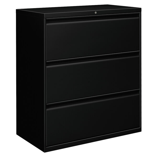 A black Alera metal lateral file cabinet with three drawers.