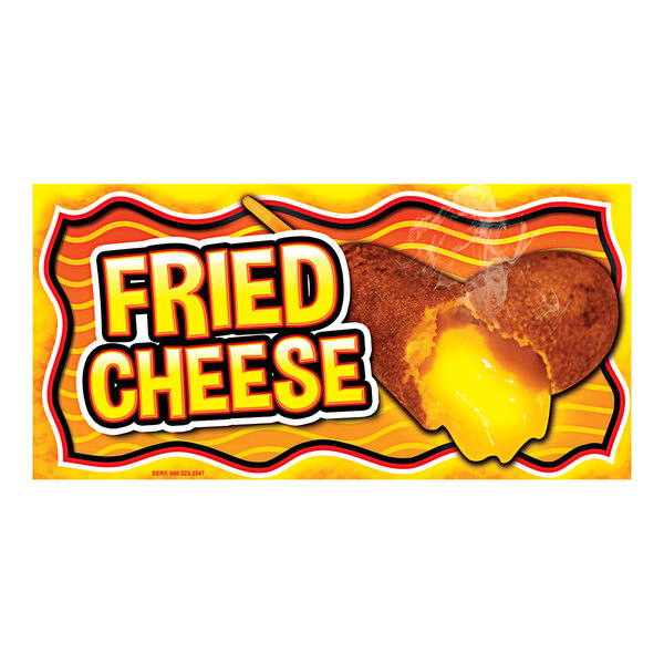 A yellow rectangular concession stand sign with a fried cheese design in white.