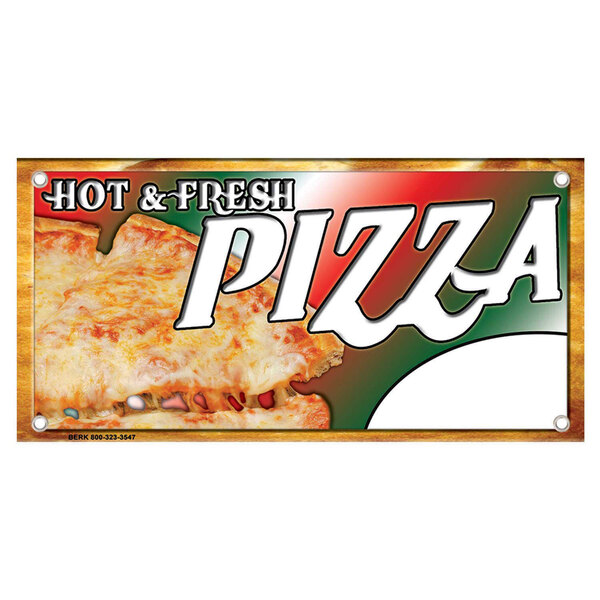 A rectangular concession stand sign with a pizza design on it.