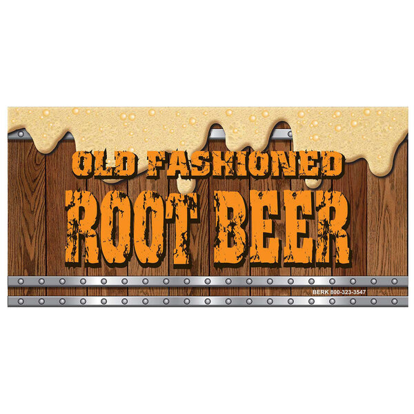 A 12" x 24" rectangular white sign with "Old Fashioned Root Beer" text in red and blue.