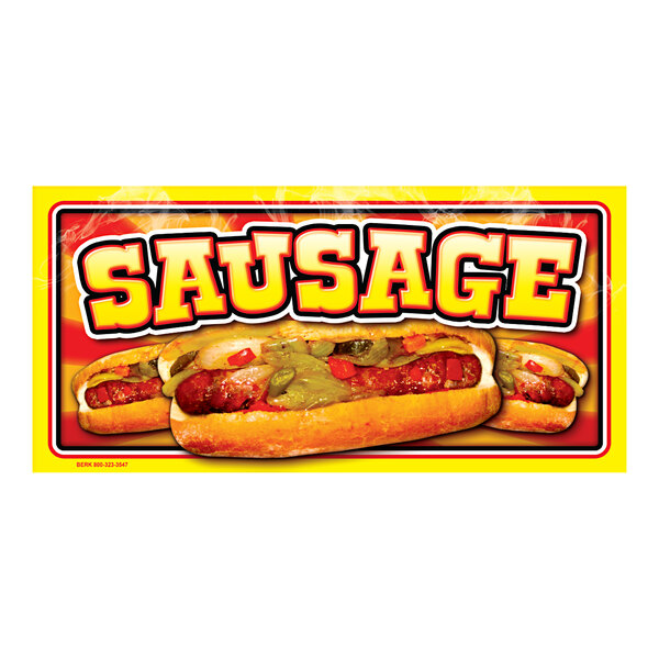 A white rectangular concession stand sign with a sausage design of a hot dog.