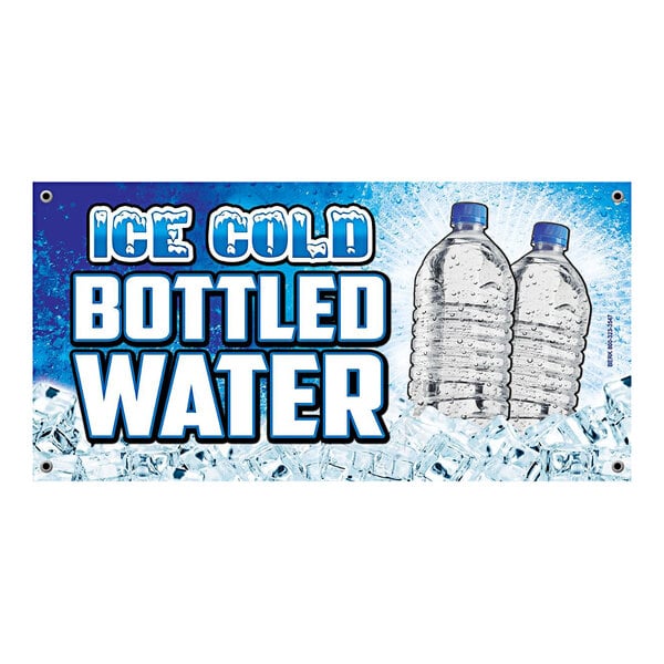 A white rectangular concession stand sign with a banner that reads "Ice Cold Bottled Water" and pictures of water bottles and ice.