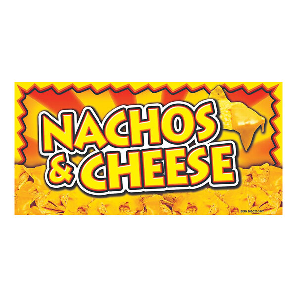 A white rectangular concession stand sign with yellow and red text that says "Nacho and Cheese"