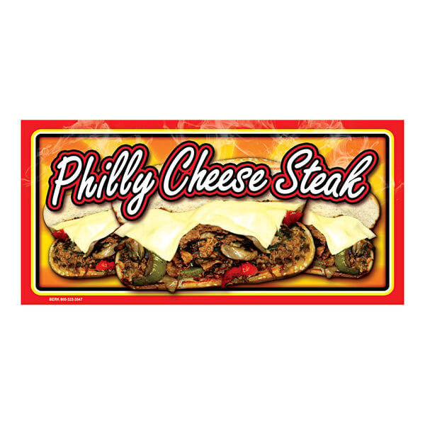 A white rectangular concession stand sign with a Philly cheesesteak design including cheese and vegetables.