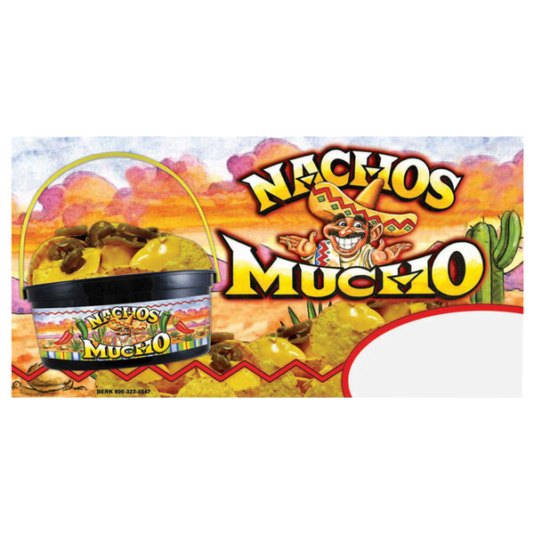 A white rectangular concession stand sign with a red and white circle and the words "Nachos Mucho" over a cartoon bucket of nachos.