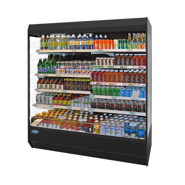 A Federal Industries LMD9678R air curtain merchandiser filled with drinks and snacks.