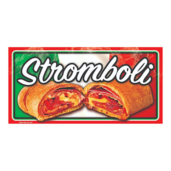 A white rectangular concession stand sign with stromboli design including two slices of meat and cheese.