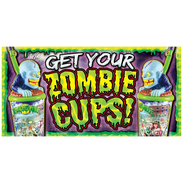 A white rectangular concession stand sign with green and yellow text that says "Zombie Cups" and a red outline of a zombie head.