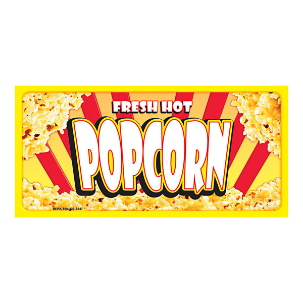 A white rectangular concession stand sign with "Fresh Popcorn" in yellow text and a yellow box of popcorn.