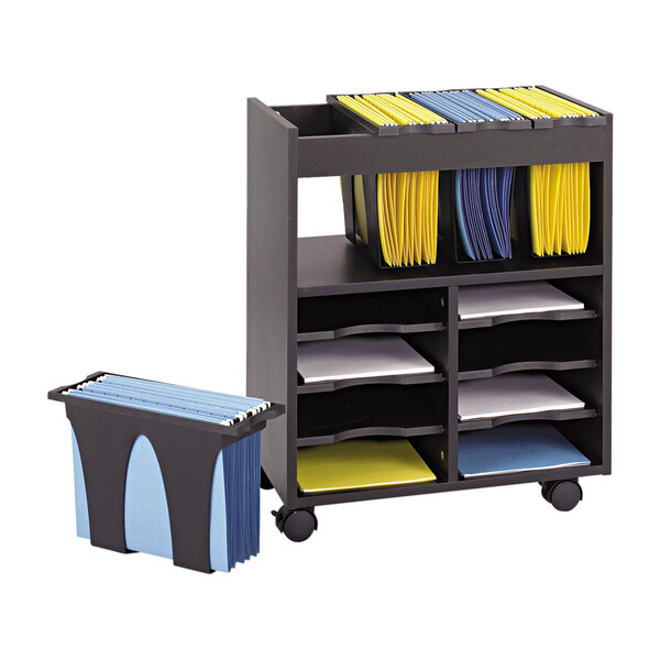 A black Safco mobile file cart with yellow and blue files.