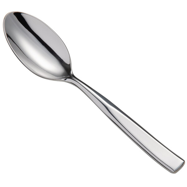 A Oneida Tidal stainless steel demitasse spoon with a silver handle.