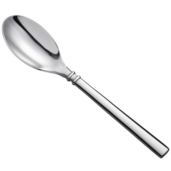 A Oneida silver stainless steel oval soup spoon with a long handle.