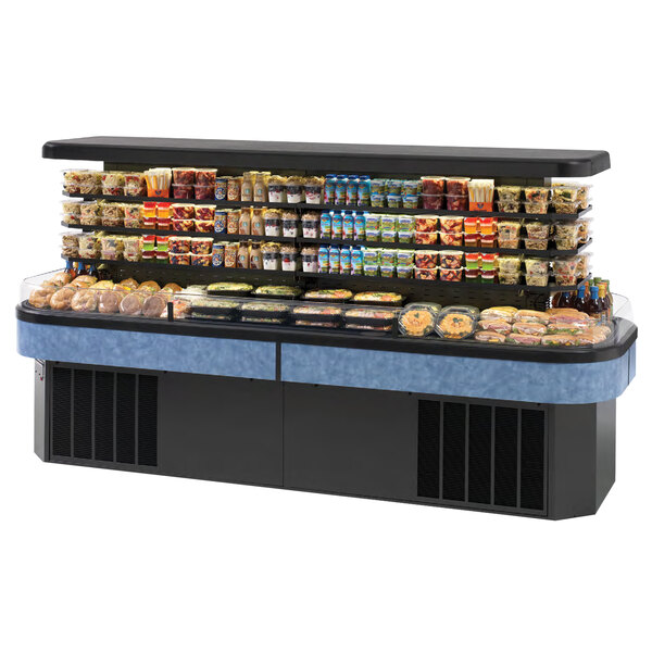 A Federal Industries self-service air curtain island merchandiser with food on display.