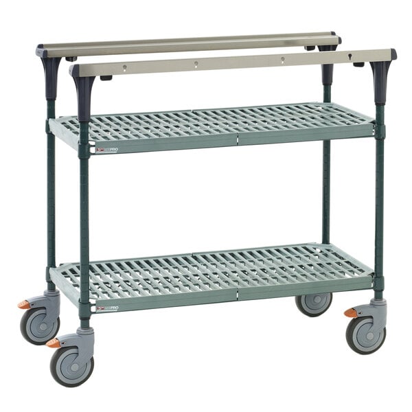 A metal Metro PrepMate cart with two shelves and wheels.