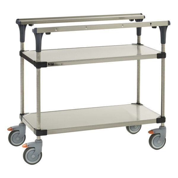 A Metro stainless steel PrepMate MultiStation cart with two shelves and wheels.