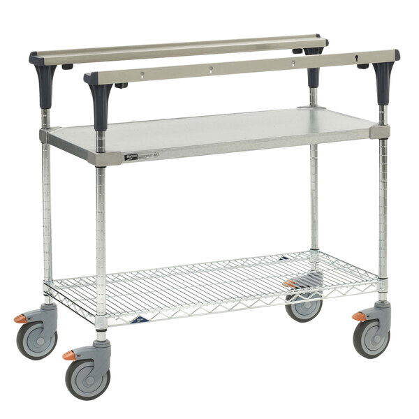 A Metro PrepMate MultiStation metal cart with wheels and wire shelving.