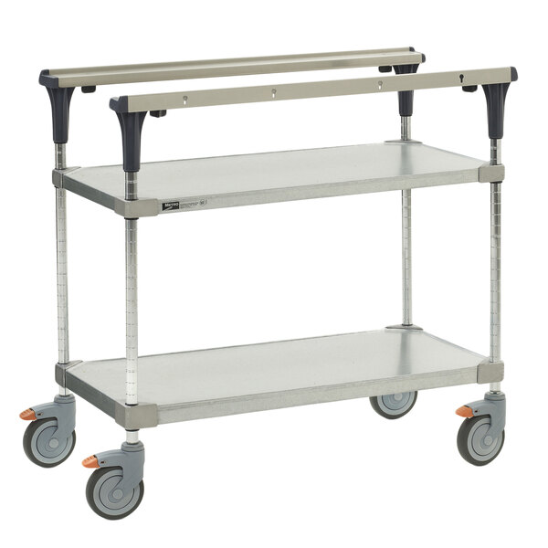A silver metal Metro PrepMate MultiStation cart with two shelves.
