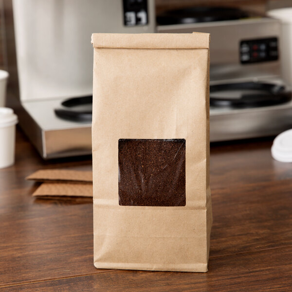 1 lb. Brown Kraft Customizable Tin Tie Cookie / Coffee / Donut Bag with Window - 1000/Case