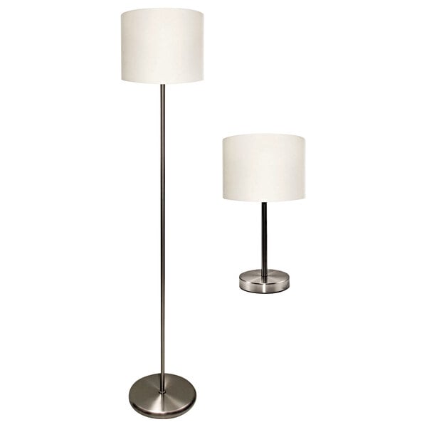 A pair of Ledu floor lamps with white linen shades on black poles.