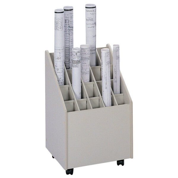 A Safco putty laminate mobile roll file with 20 compartments holding blueprints.