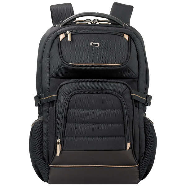 A Solo black polyester backpack with tan accents and zippers.
